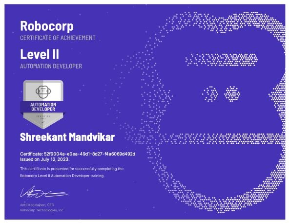 Cover image for 🎉 Excited to announce that I have successfully achieved the Robocorp Level 2 certification!